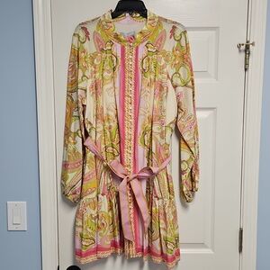 ANTONIO MELANI Long Sleeve Mock Neck Button Front Mini Dress:Pink/Green Print:14